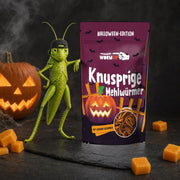 Crunchy Mealworms Cheddar — Halloween Edition 20 g – GRIG mascot beside the pack