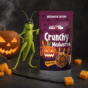 Crunchy Mealworms Cheddar — Halloween Edition 20 g – GRIG mascot beside the pack