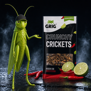 Crunchy Crickets 13 g – GRIG mascot beside the pack