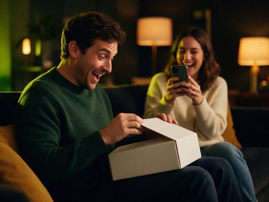 A man opens a plain white gift box in delight while his friend films him and laughs