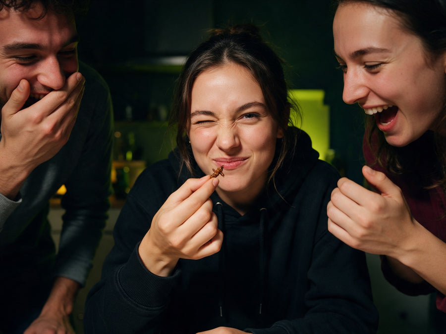A young woman winks before eating a dried cricket while her friends laugh